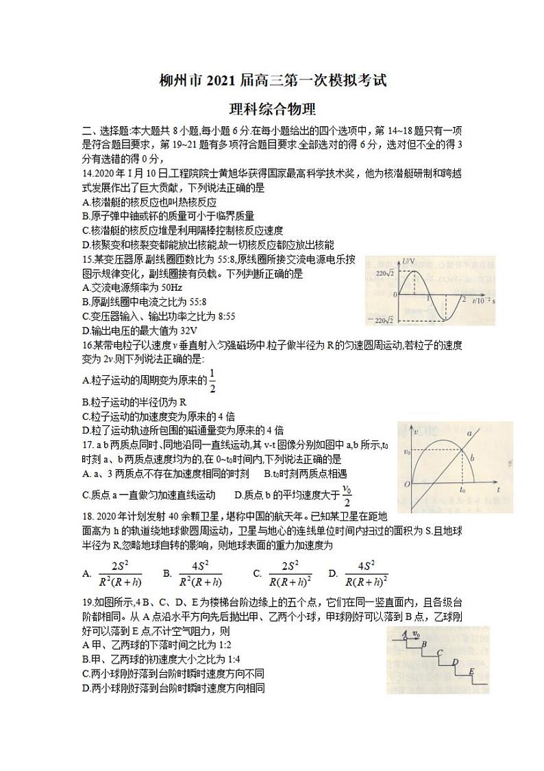 广西柳州市2021届高三第一次模拟考试物理试题含答案第1页