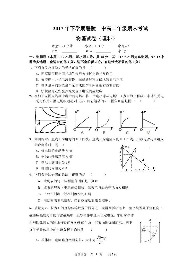 2017-2018学年湖南省醴陵市第一中学高二上学期期末考试物理(理)试题(PDF版)第1页
