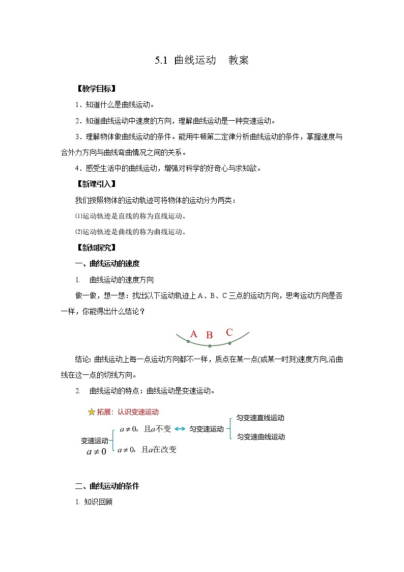 新教材 高中物理必修二 5.1曲线运动 课件(送教案练习)01