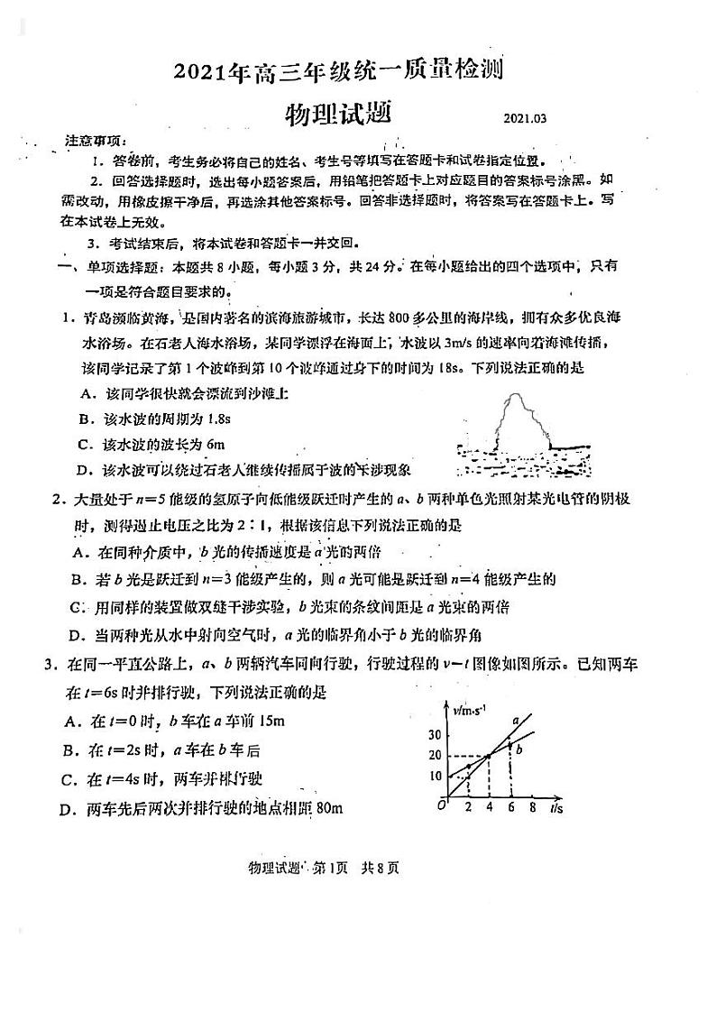 山东省青岛市2021届高三下学期3月统一质量检测物理试题 PDF版含答案01