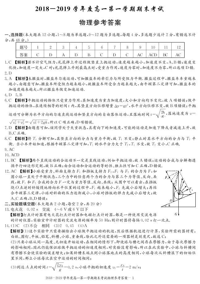 2018-2019学年湖南省长沙市第一中学高一上学期期末考试 物理（PDF版）练习题01