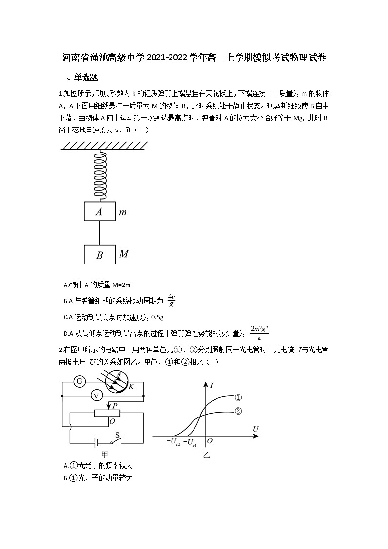 2021-2022学年河南省渑池高级中学高二上学期模拟考试物理试题(Word版)01