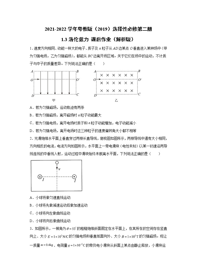 2021-2022学年高中物理新粤教版选择性必修第二册 1.3洛伦兹力 课后作业(解析版)01