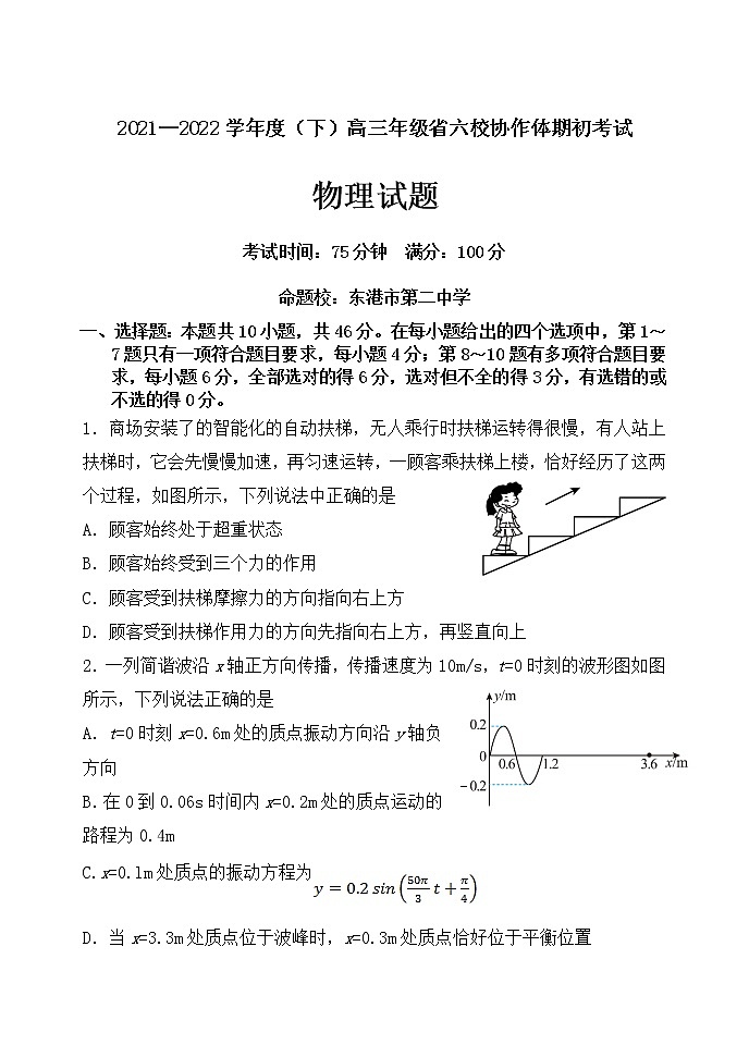 辽宁省六校协作体2021-2022学年高三下学期期初考试物理试题第1页