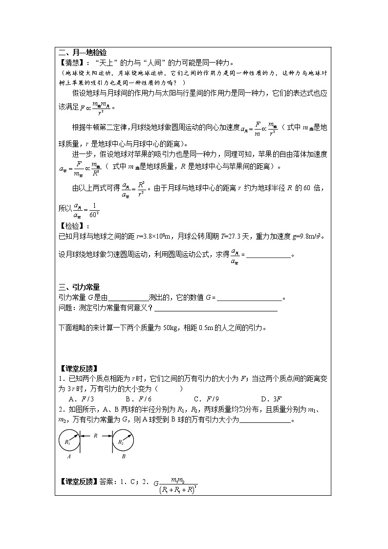 新人教版高中物理必修第二册 7.2 万有引力定律 课件+教案+学案+任务单+多套课后练习含解析02