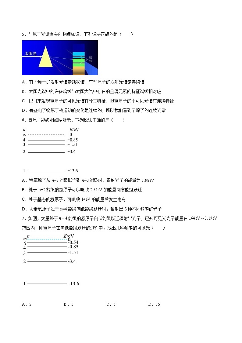 4.4氢原子光谱和玻尔的原子模型同步练习2021—2022学年高中物理人教版(2019)选择性必修第三册02