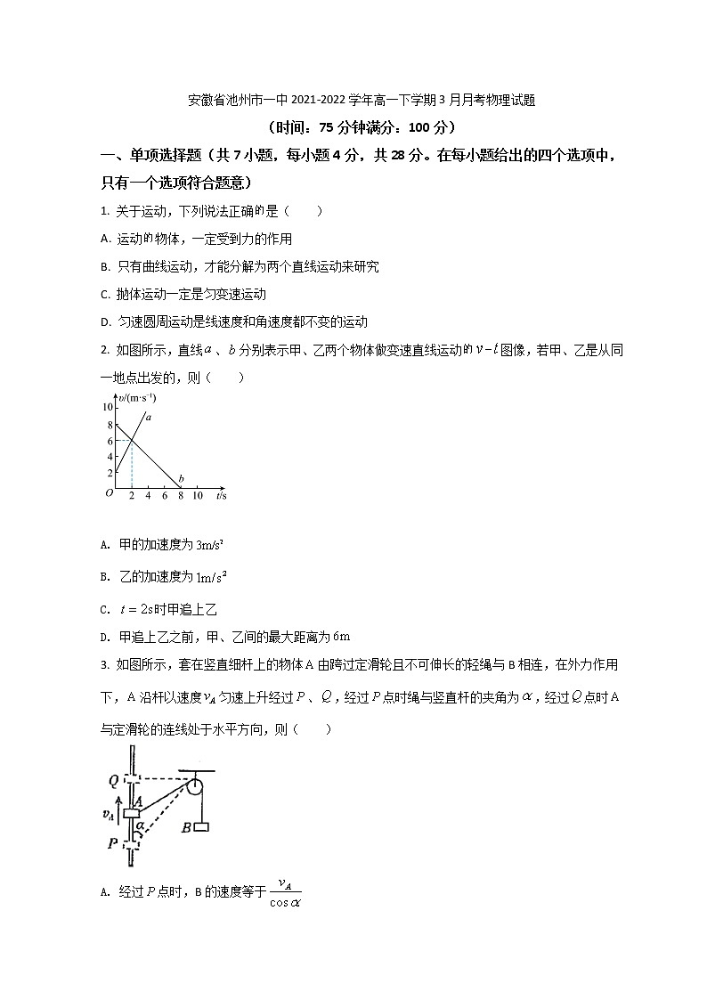 2021-2022學(xué)年安徽省池州市一中高一下學(xué)期3月月考物理試題 Word版含答案第1頁