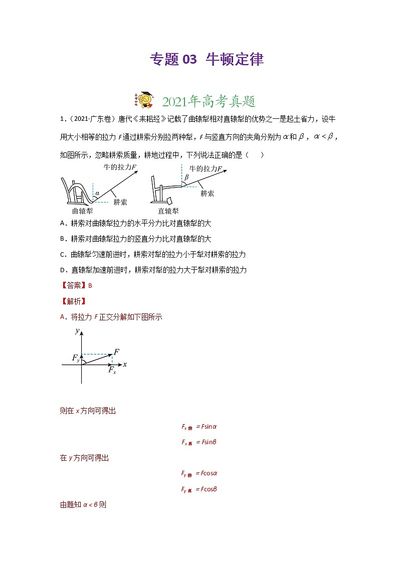 三年高考(2019-2021)物理试题分项汇编专题03牛顿定律含答案第1页