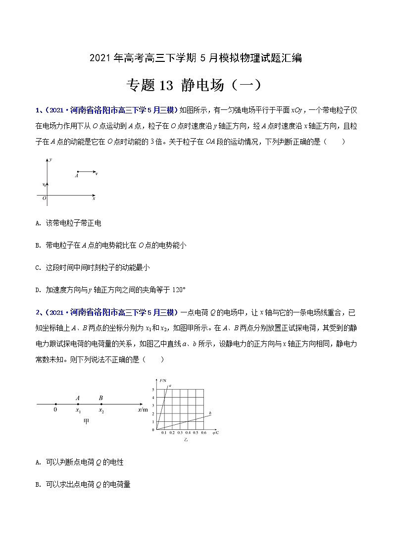 专题13 静电场(一)-2021年高考高三下学期5月模拟物理试题汇编(原卷版)第1页