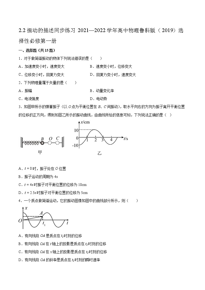 2.2振动的描述同步练习2021—2022学年高中物理鲁科版(2019)选择性必修第一册01