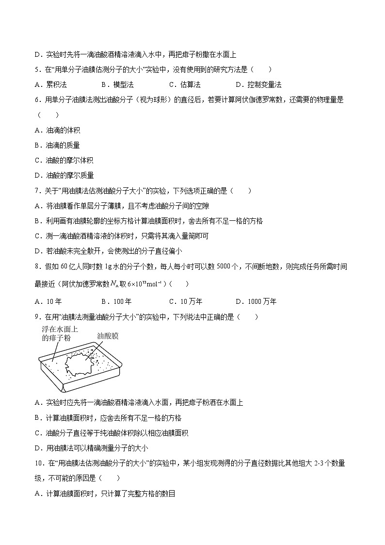 1.2实验:用油膜法估测油酸分子的大小同步练习2021—2022学年高中物理人教版(2019)选择性必修第三册 (2)第2页