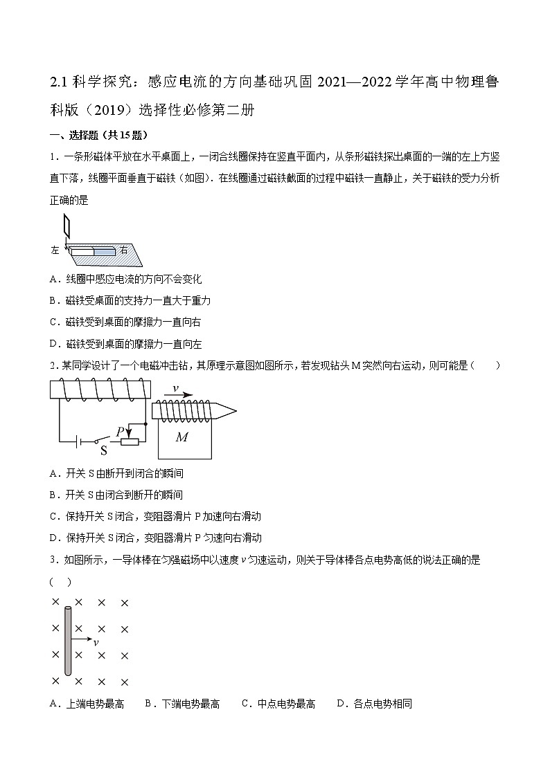 2.1科学探究:感应电流的方向基础巩固2021—2022学年高中物理鲁科版(2019)选择性必修第二册练习题第1页