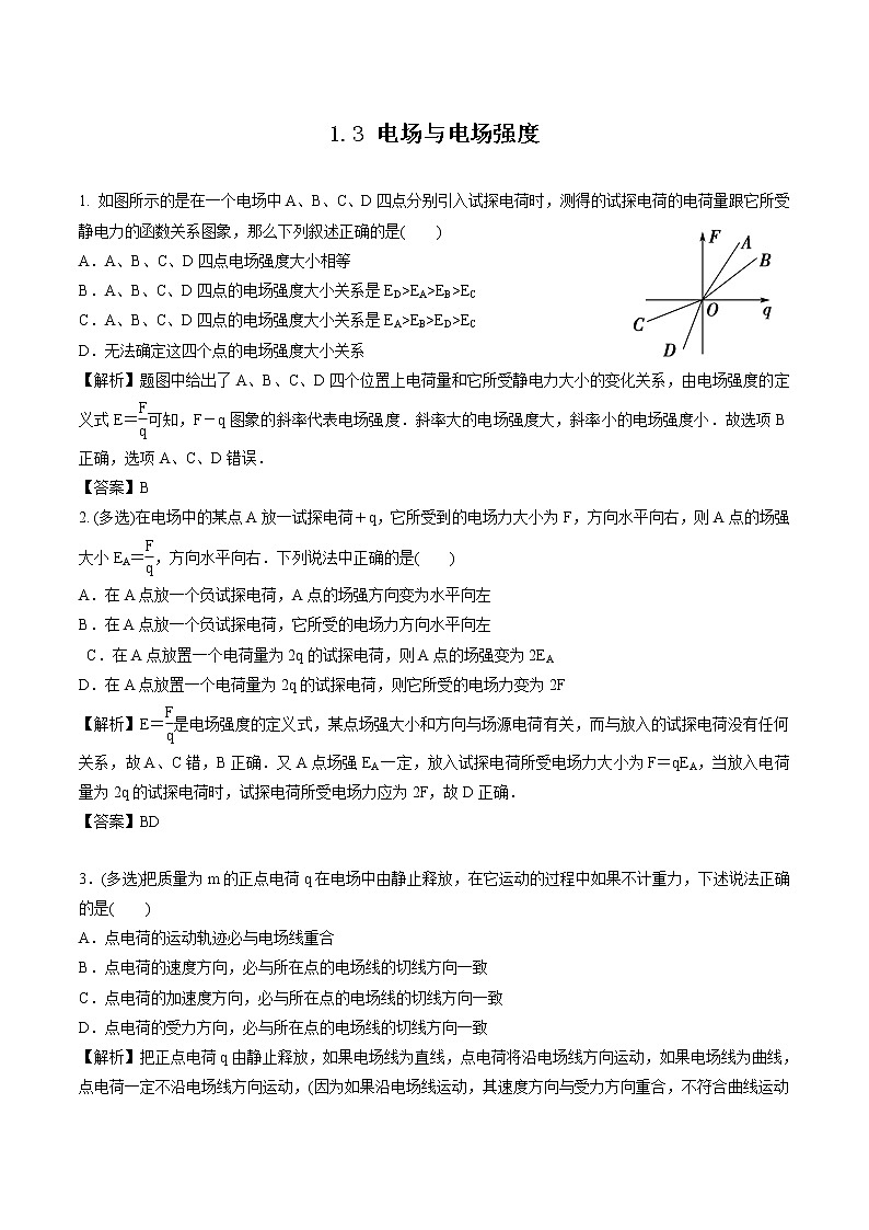 1.3 电场与电场强度 作业 高中物理新鲁科版必修第三册(2022年)第1页