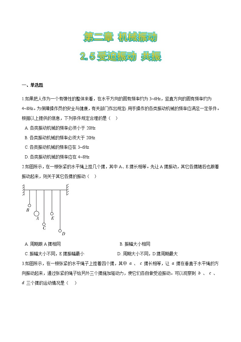 2.5受迫振动 共振-2021-2022学年高二物理优化训练(2019人教版选修第一册)01