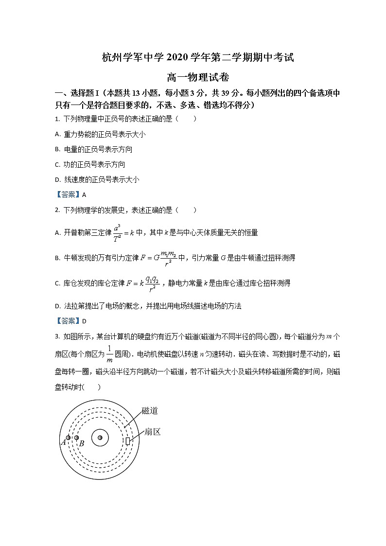 2021杭州學(xué)軍中學(xué)高一下學(xué)期期中考試物理含答案第1頁