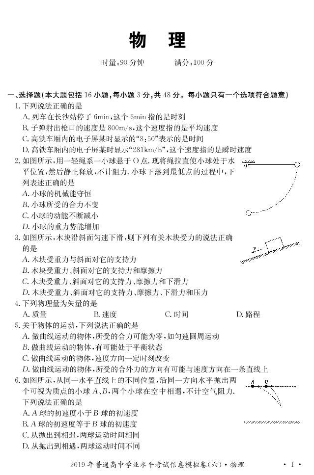 2019-2020学年湖南省普通高中学业水平考试物理试题 PDF版01