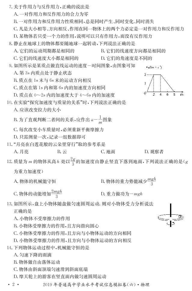 2019-2020学年湖南省普通高中学业水平考试物理试题 PDF版02