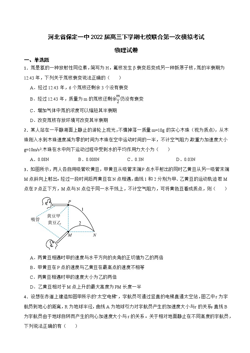 2022届河北省保定一中高三下学期物理七校联合第一次模拟考试试卷(解析版)第1页