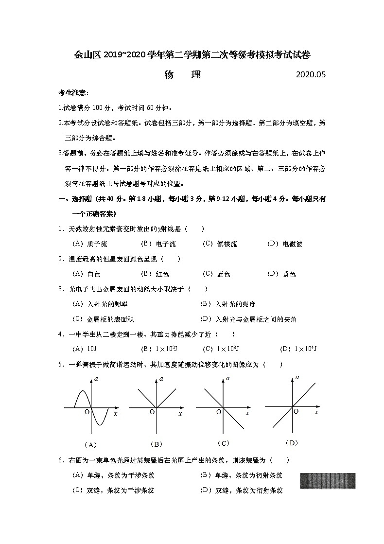 2020年上海市金山区高三物理等级考二模卷(含解析)第1页