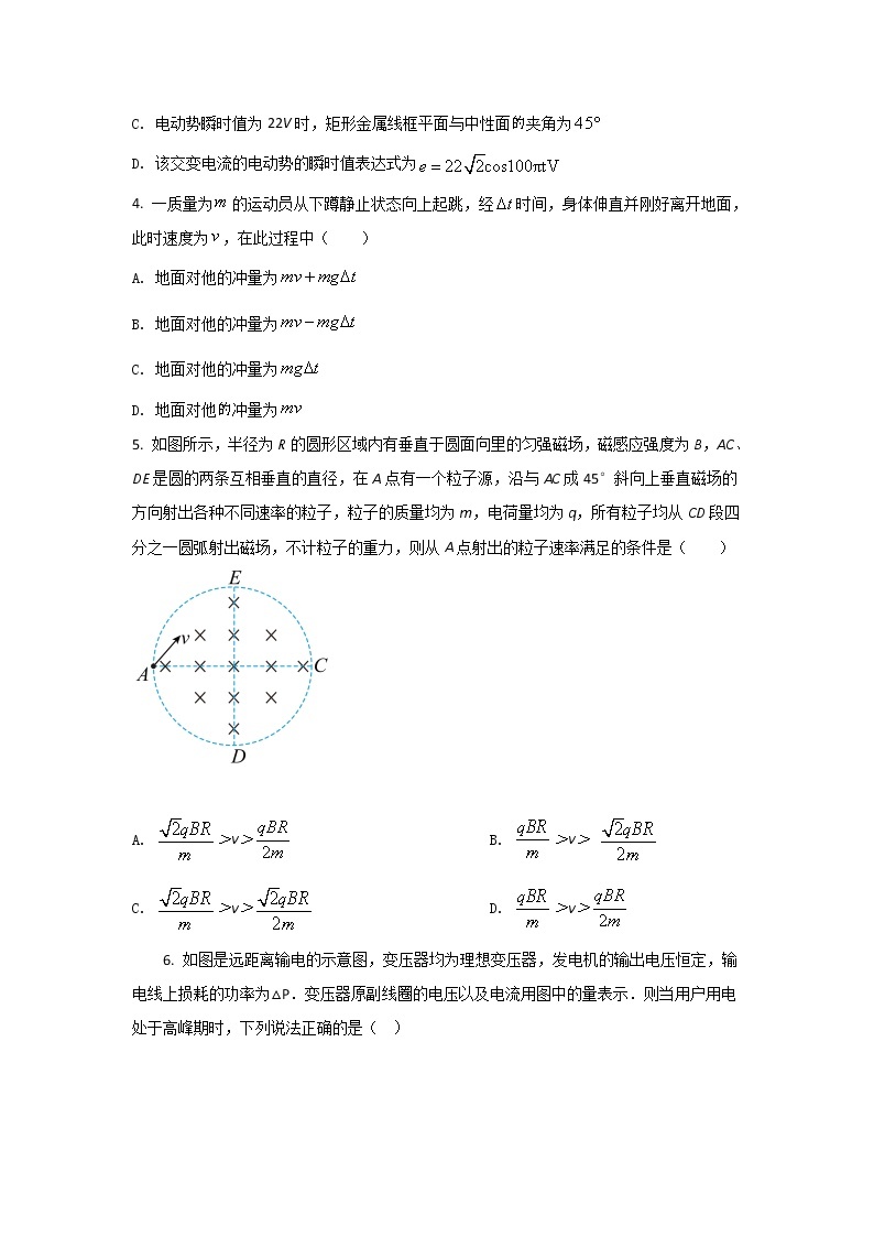 2021-2022学年山西省祁县中学校高二下学期4月月考（A卷）物理试题（Word版）02