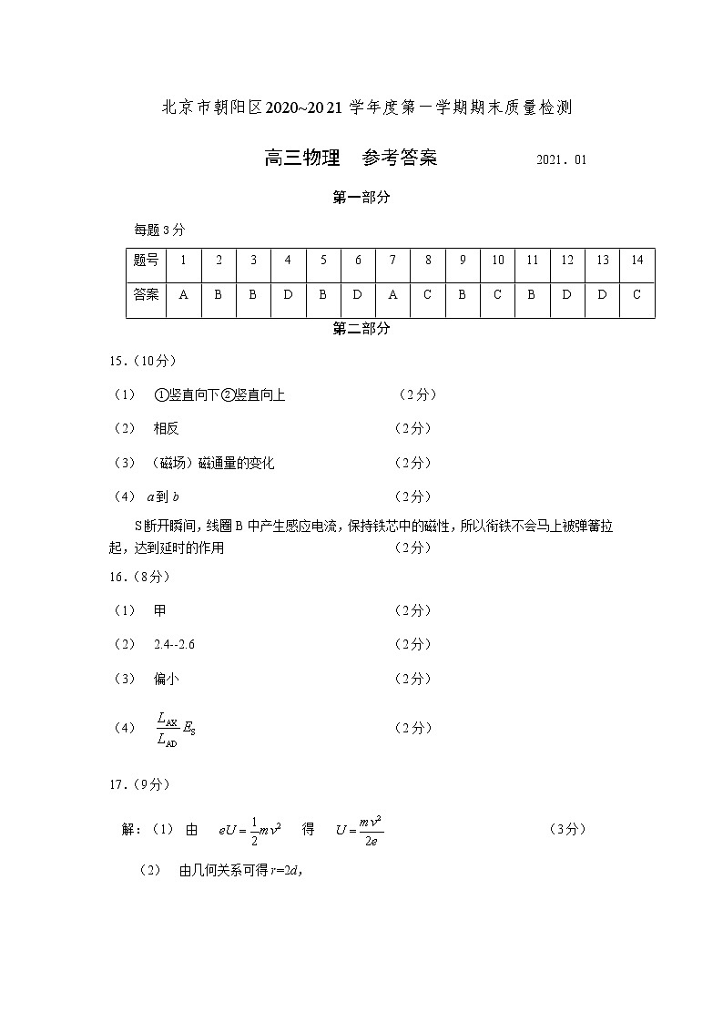 北京市朝阳区2021届高三上学期期末物理试题 参考答案第1页