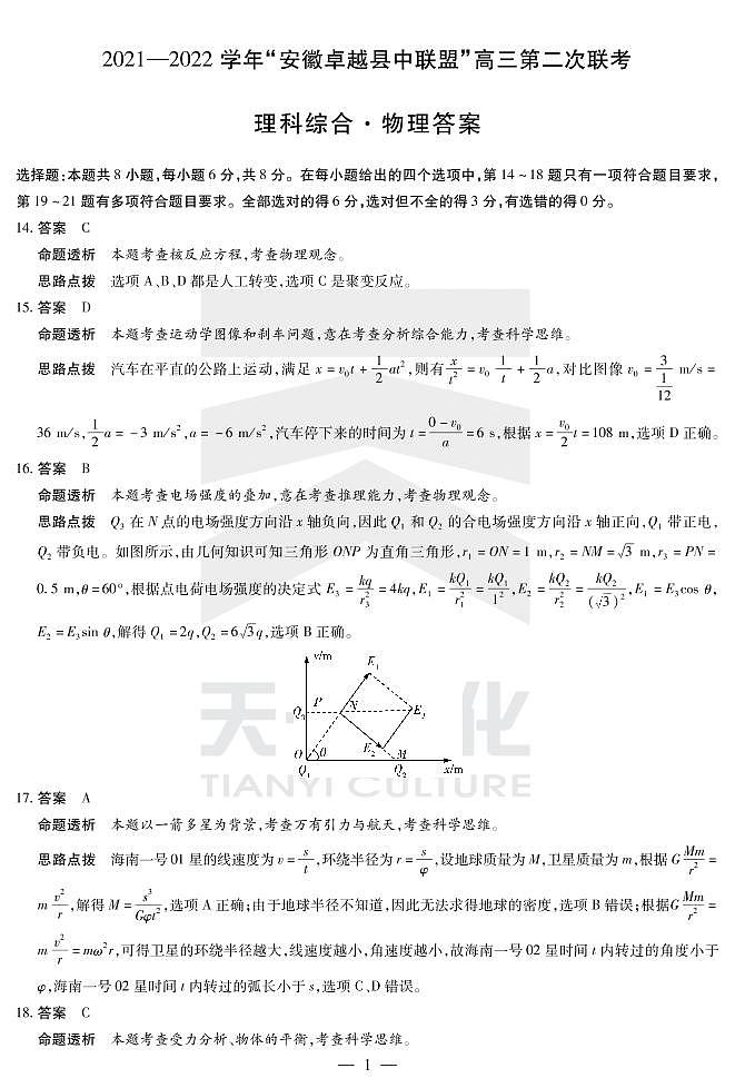2022安徽卓越县中联盟高三二联(天一联考)二模理科综合物理答案第1页