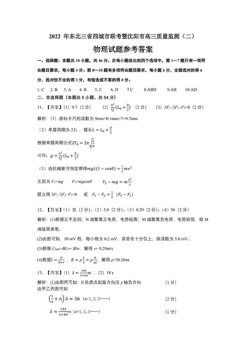2022届东北三省四市暨沈阳市高三质量监测(二)物理答案第1页