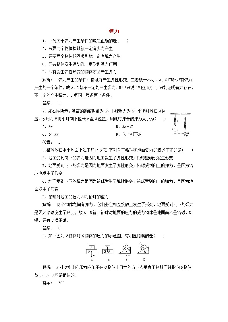 新人教版高中物理必修1第三章相互作用第2节弹力5作业含解析第1页