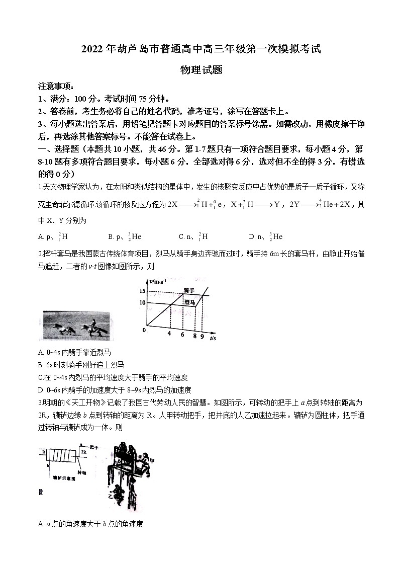2022届辽宁省葫芦岛市高中高三下学期4月第一次模拟考试物理试题(word版含答案)第1页