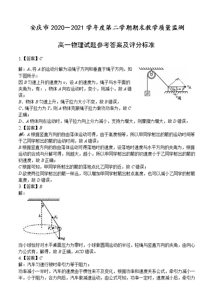 安徽省安庆市2020-2021学年高一下学期期末考试物理答案第1页