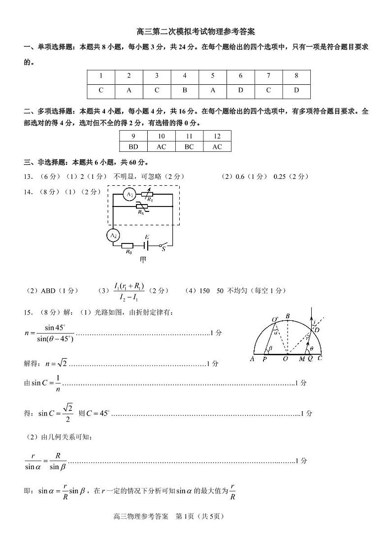 山东省淄博市部分学校2022届高三下学期二模考试物理答案第1页