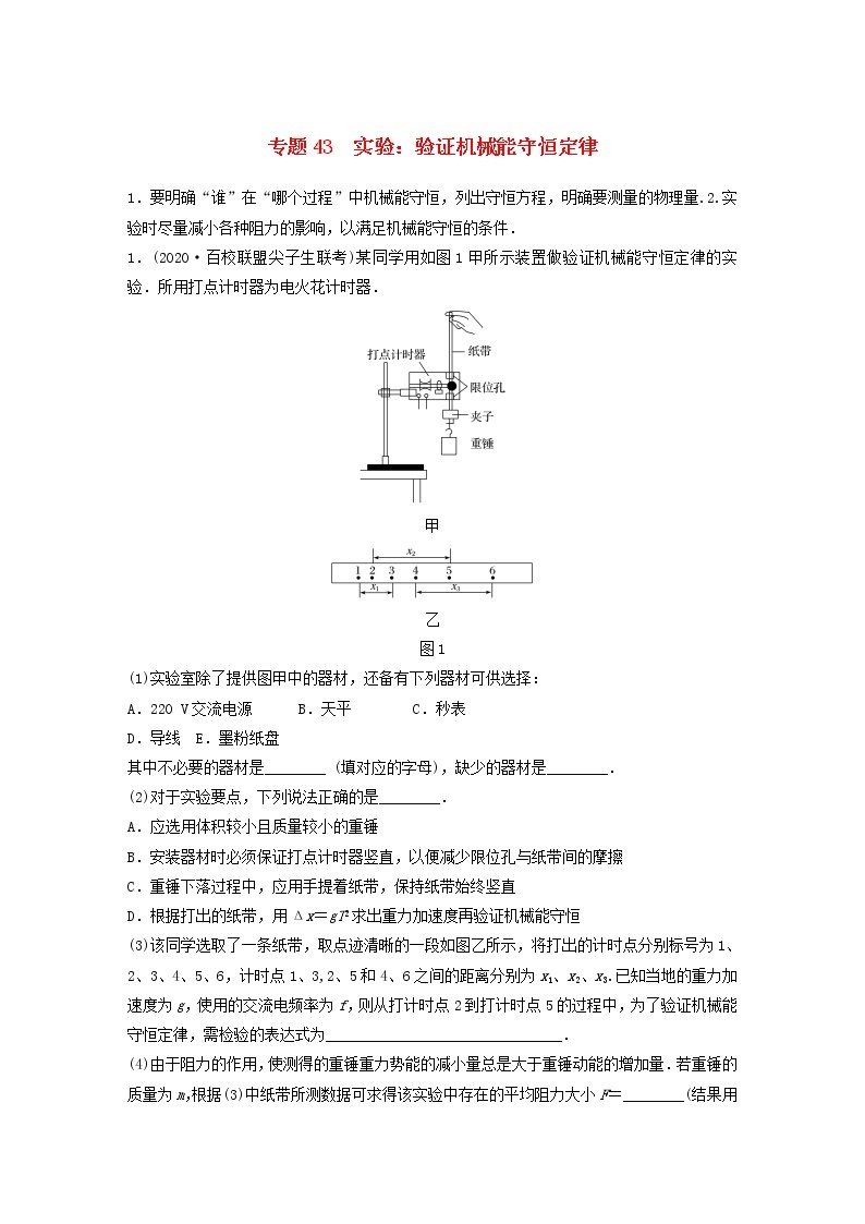 2023版高考物理专题43实验：验证机械能守恒定律练习含解析01