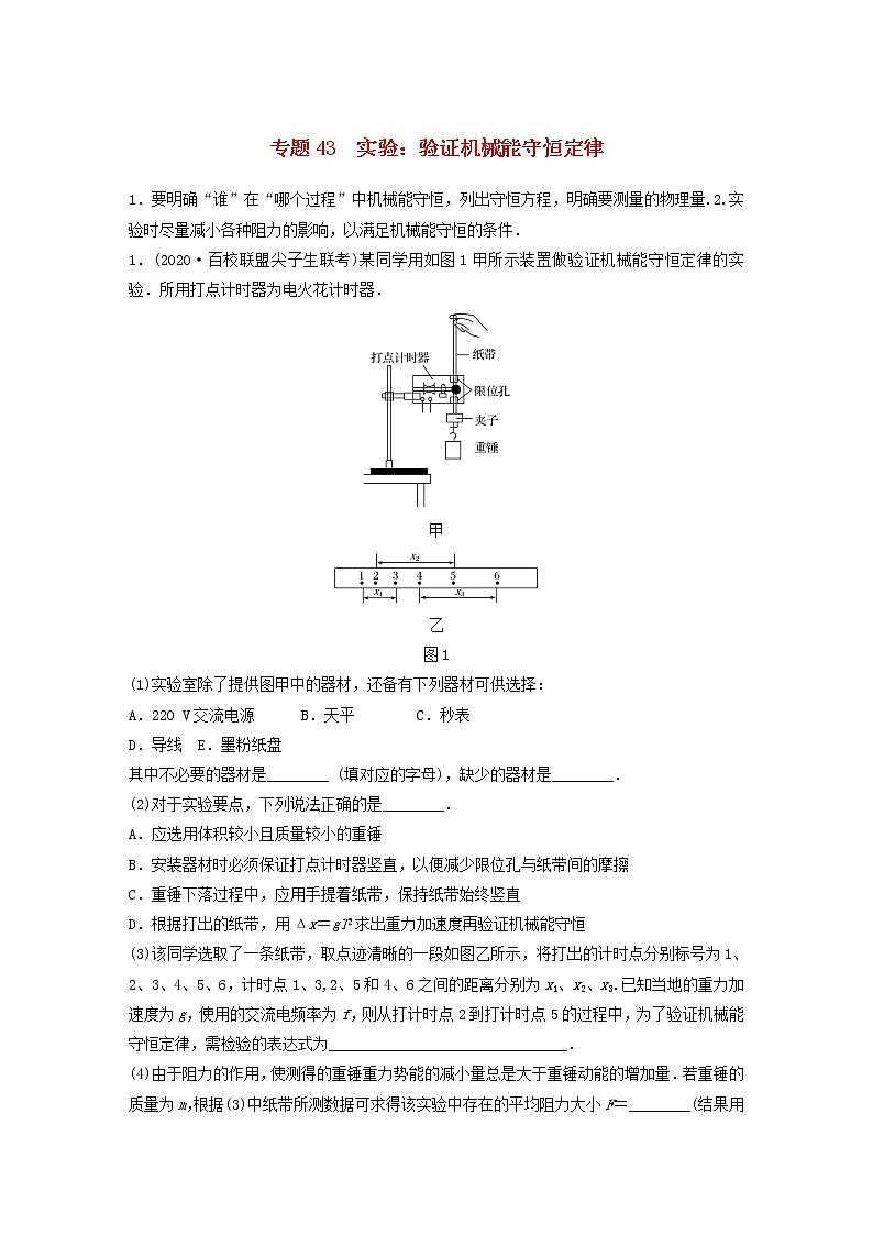 2023版高考物理专题43实验:验证机械能守恒定律练习含解析第1页