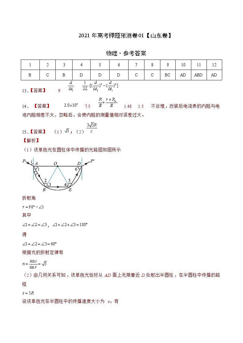 2022年高考物理押题预测卷01(山东卷)(参考答案)第1页