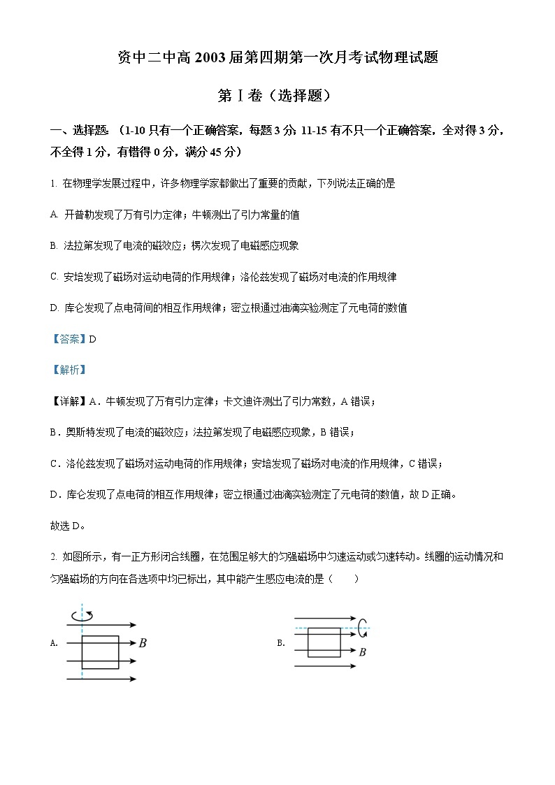 2021-2022学年四川省内江市资中县第二中学高二（下）第一次月考试卷物理试题含解析01