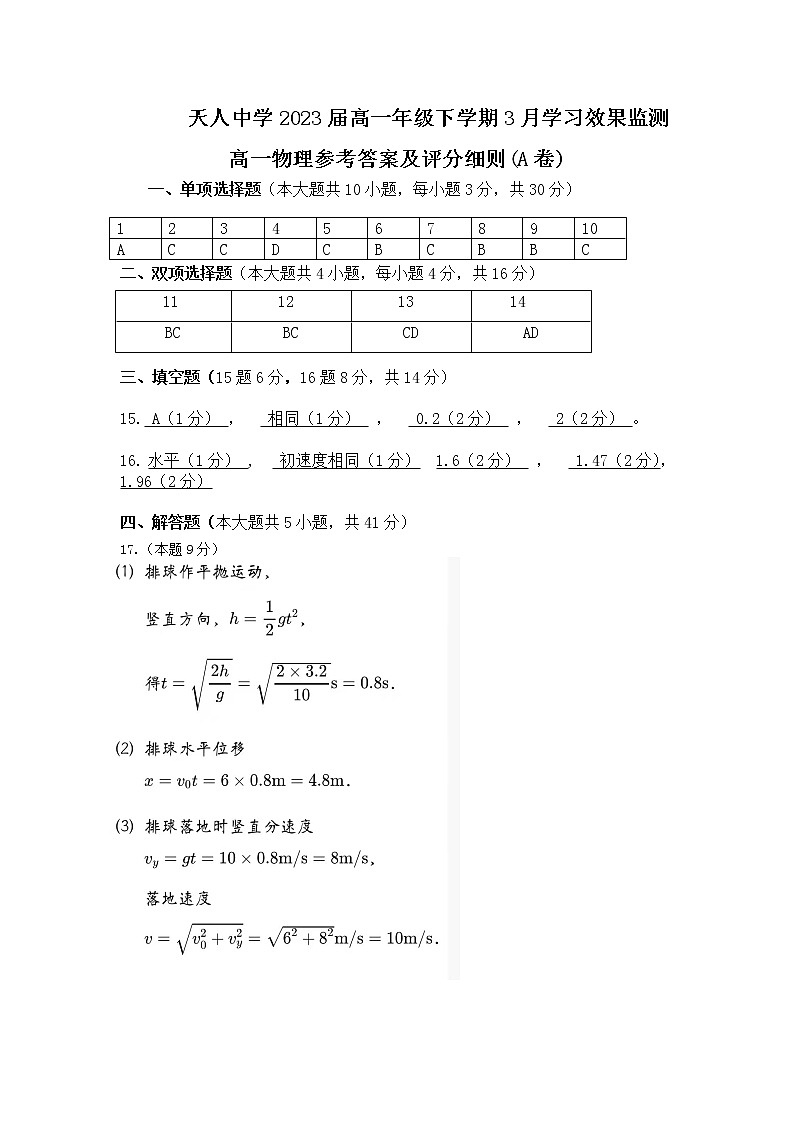 2023届高一3月月考物理答案及评分细则(A卷)第1页