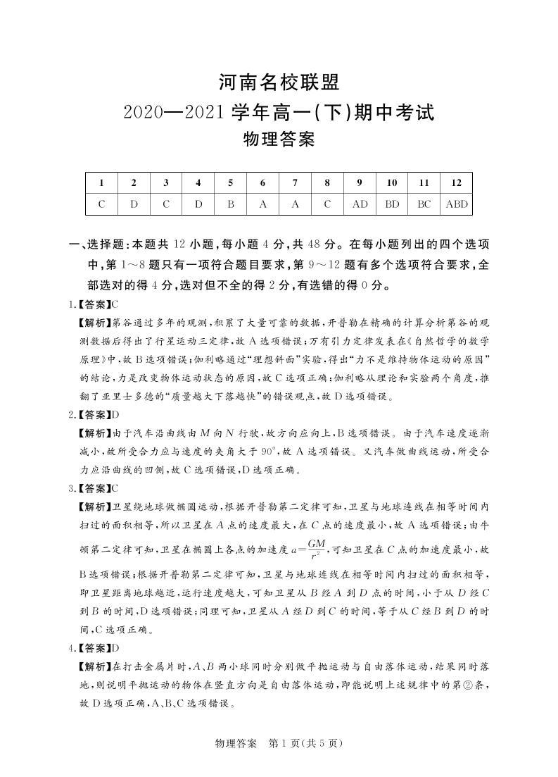 2021河南省名校联盟高一下学期期中考试物理试题扫描版含答案01