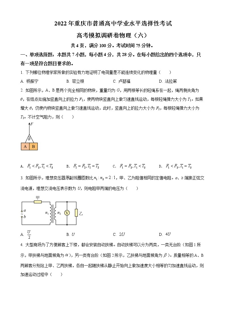 精品解析：2022年重庆市普通高中学业水平选择性考试高考模拟调研卷物理（六）（原卷版）01