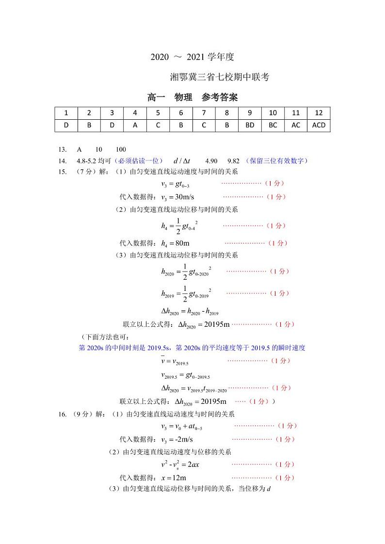 湘鄂冀三省来凤县高级中学等七校2020-2021学年高一上学期期中联考物理试题答案第1页