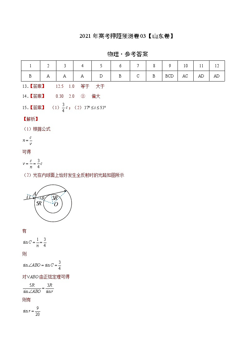 2022年高考物理押题预测卷03(山东卷)(参考答案)01
