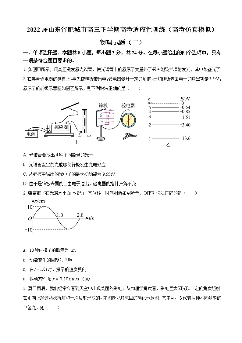 2022届山东省肥城市高三下学期高考适应性训练(高考仿真模拟)物理试题(二)(word版)第1页
