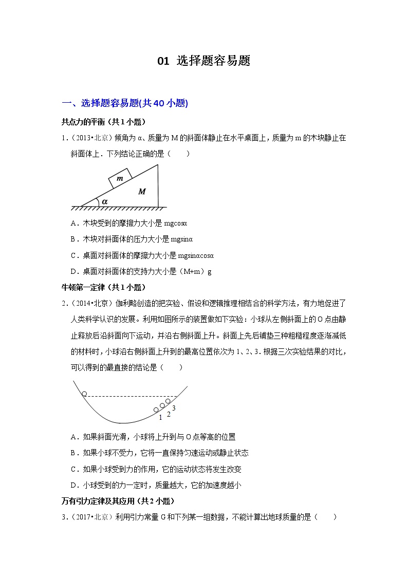 北京市十年（2012-2021）高考物理真题分题型分难易度汇编：01选择题基础题（40题）