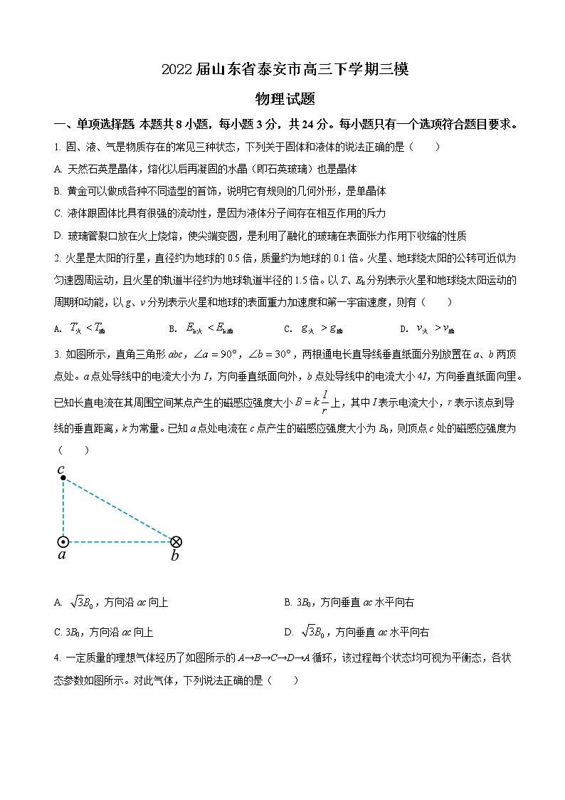 2022届山东省泰安市高三下学期三模物理试题(word版)第1页