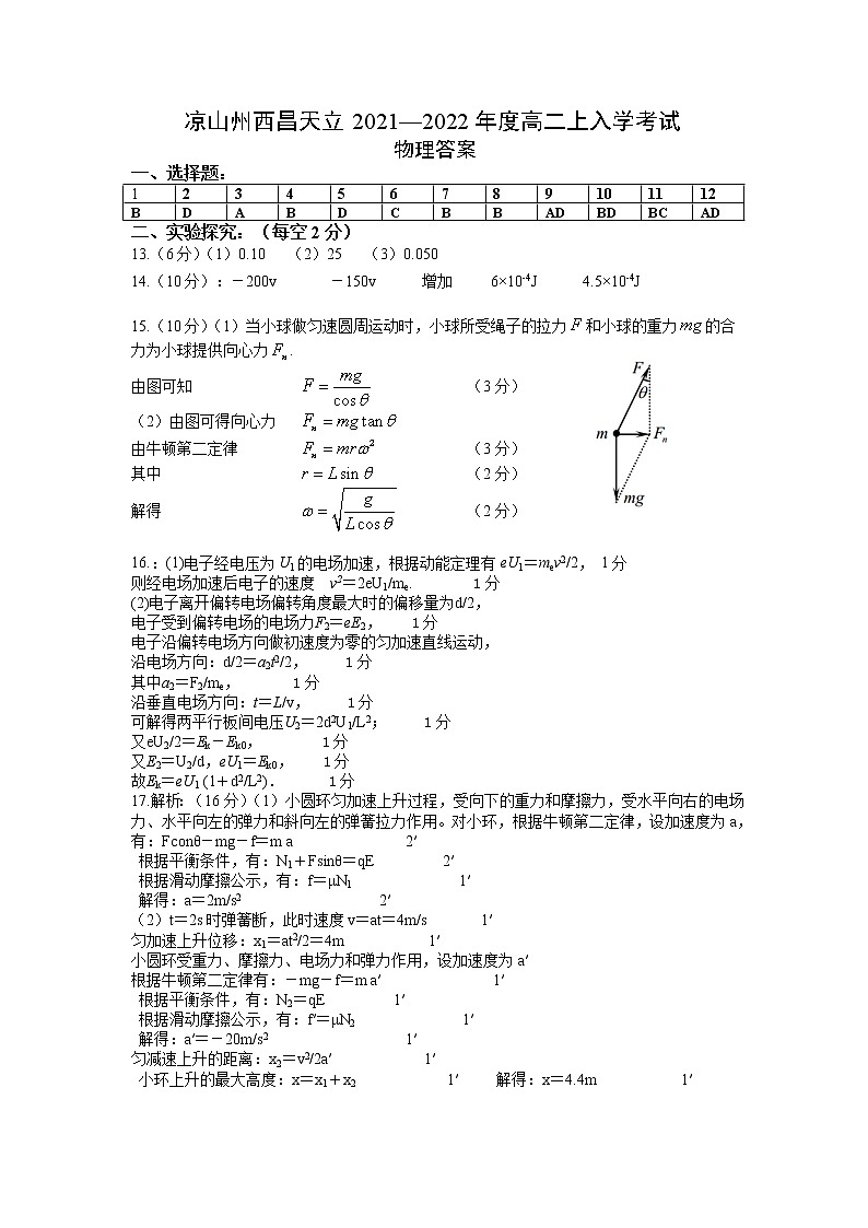 凉山州西昌天立高中2020级高二上期入学考试答案(物理)第1页