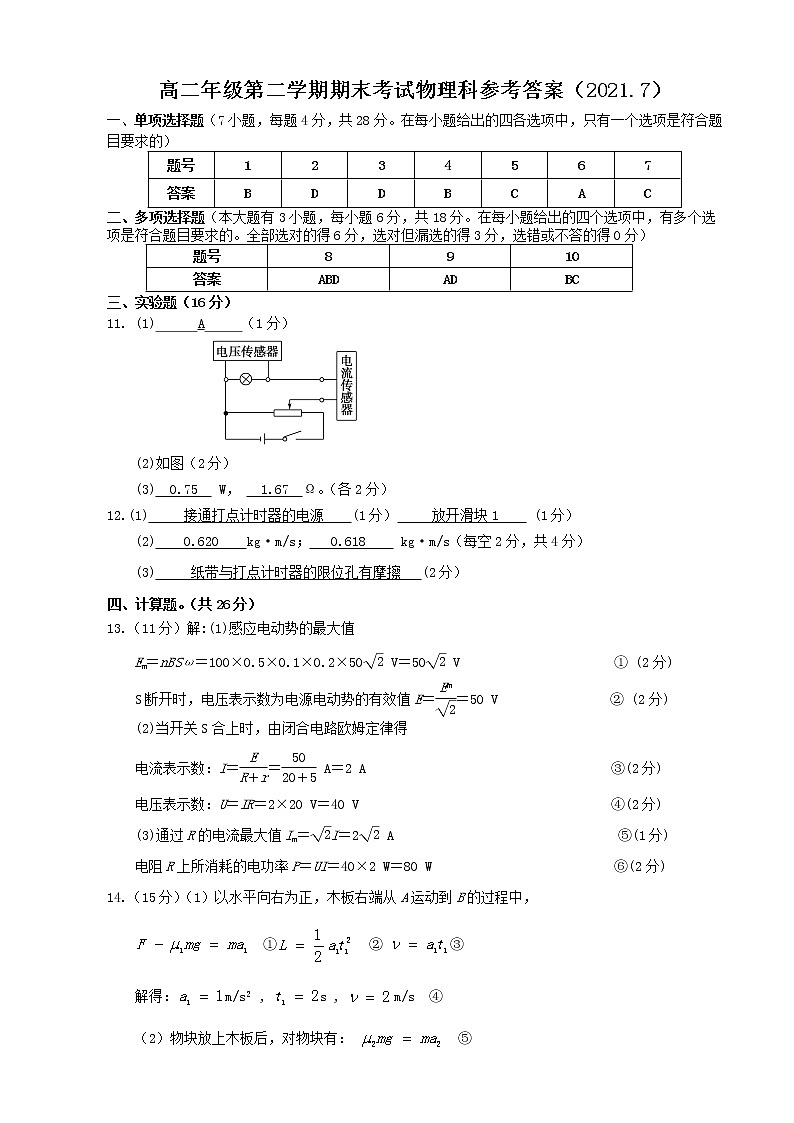 广东省梅州市2020-2021学年第二学期高中期末考试试卷高二物理答案第1页