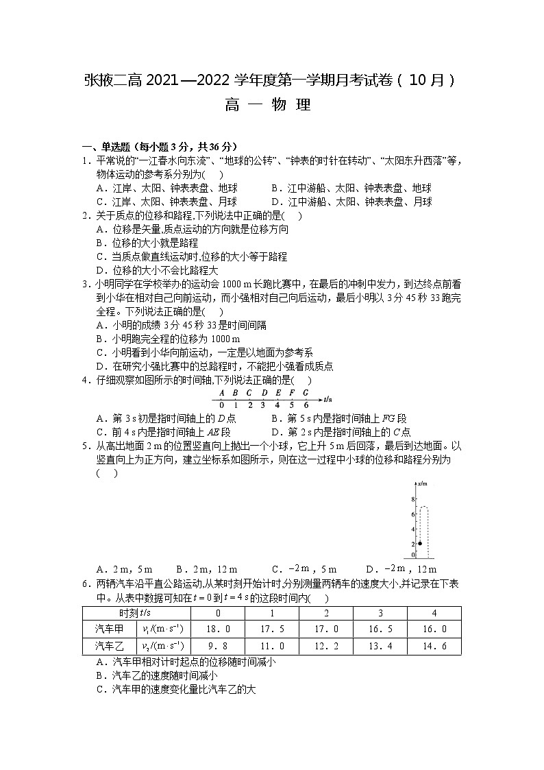 2022张掖二中高一上学期10月月考物理试题含答案第1页