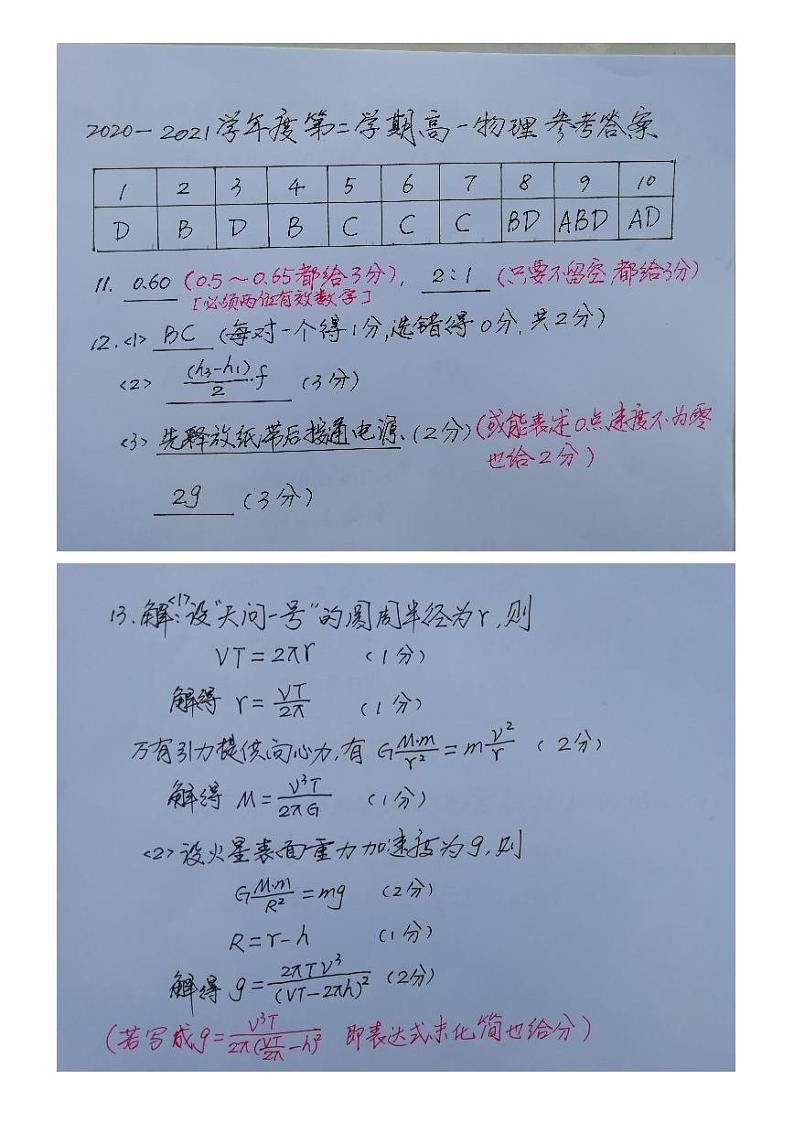 2020-2021下高一物理答案第1页