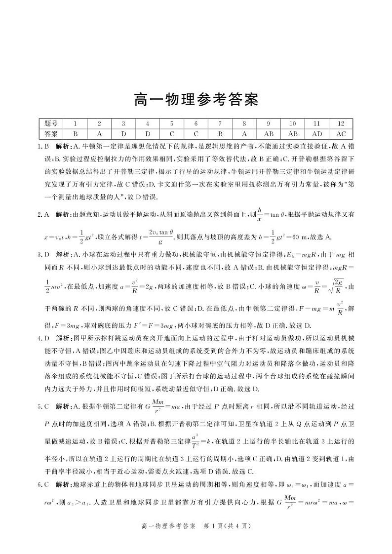 河北省邯郸市2020-2021学年高一下学期期末考试物理答案第1页