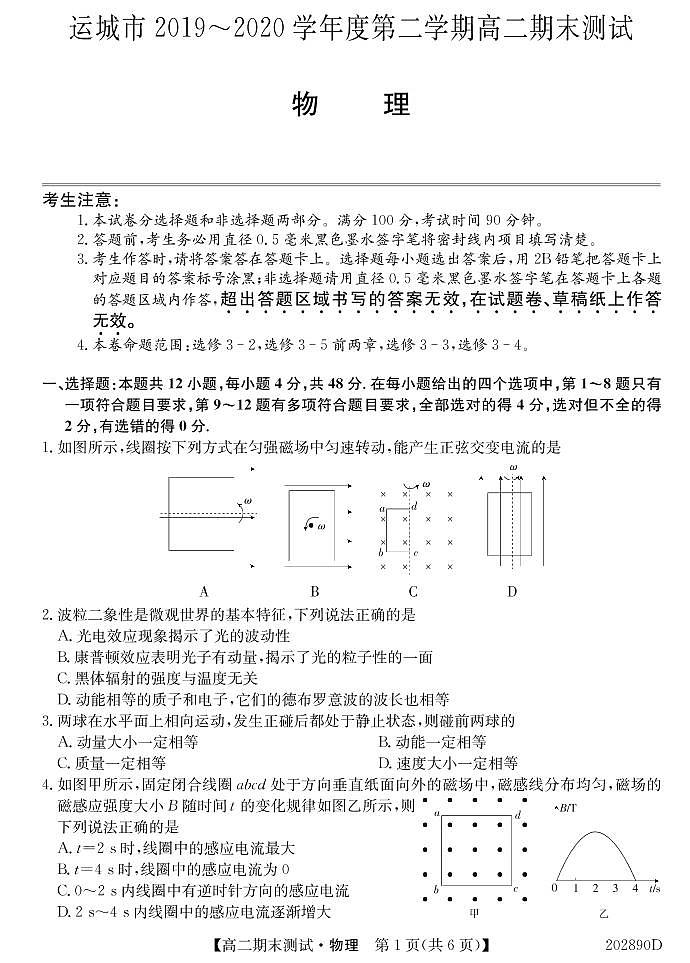 2020运城高二下学期期末测试物理试题PDF版含答案第1页