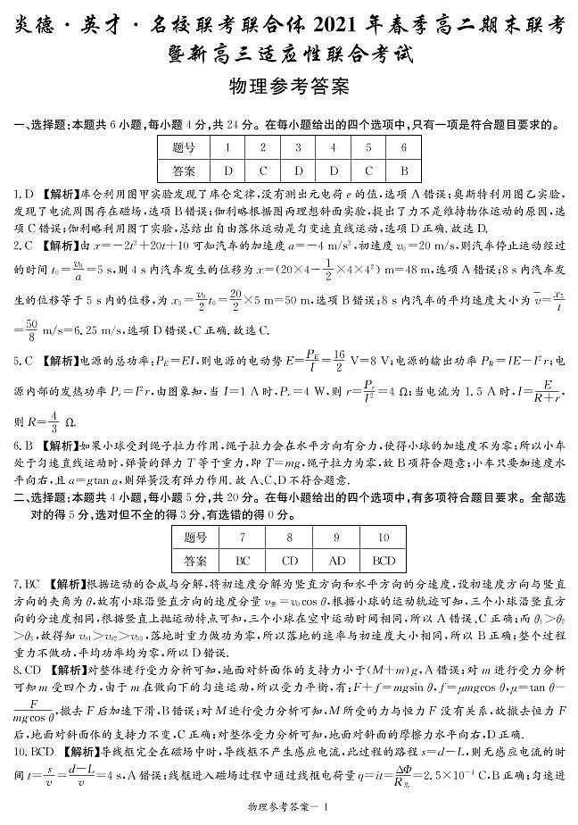 2020-2021学年2学期高二期末联考物理答案第1页